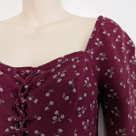 AEROPOSTALE Top Women's S Burgundy Floral Corset Babydoll Pullover Long Sleeve - Picture 3 of 16